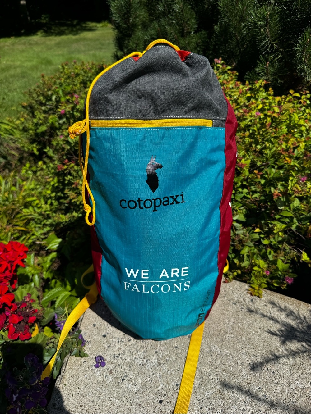cotopaxi Luzon 18L Teal, Gray & Red Drawstring Daypack with Yellow Accents
